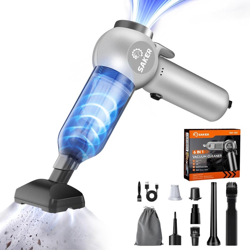 Saker Car Vacuum Portable 6-in-1 Handheld Cordless Vacuums, 20000PA Suction, 7800mAh Blower, Window Breaker, Seatbelt Cutter for Car, Home & Office Cleaning SW102 Silver - Image 1